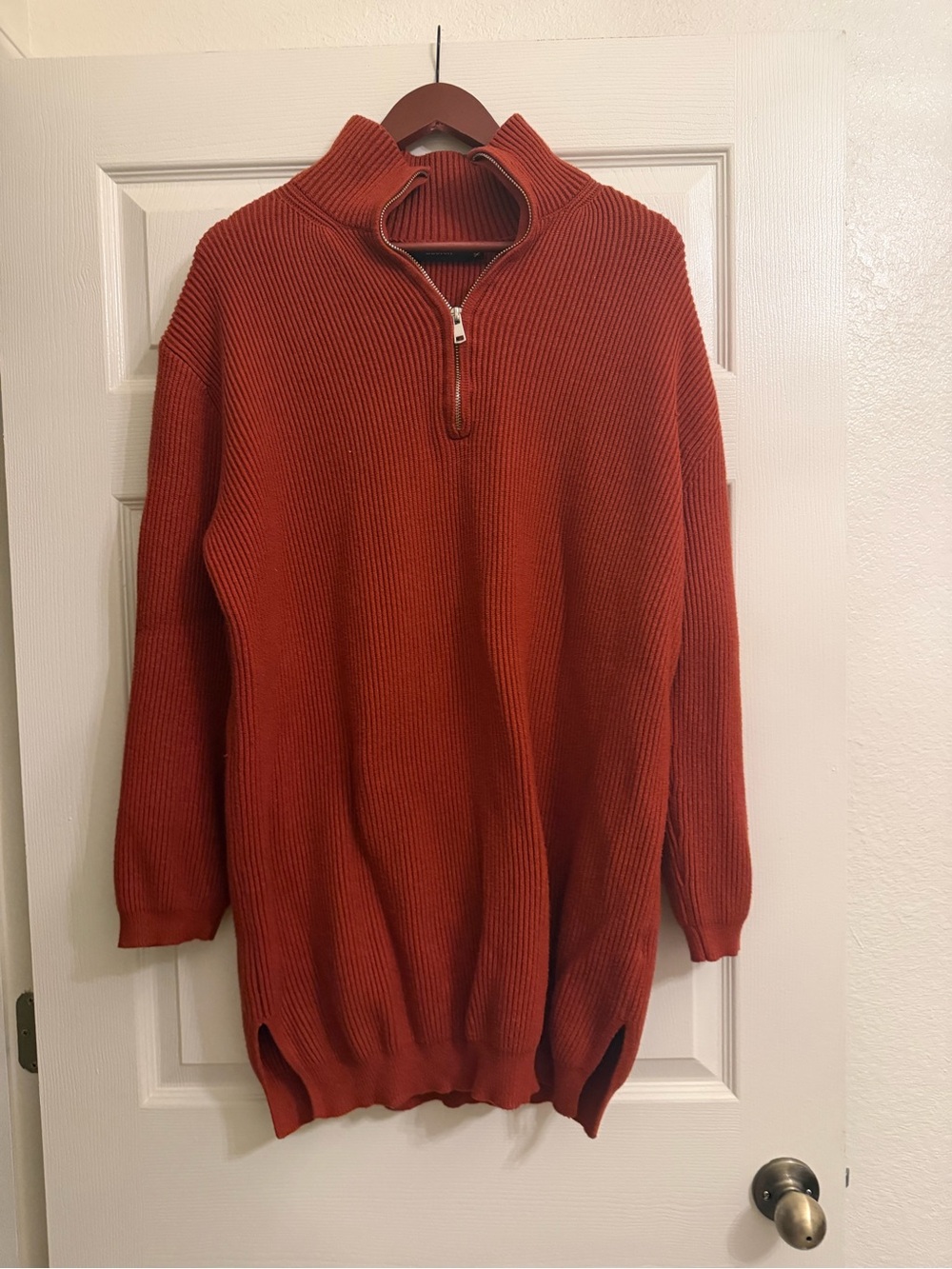 Half-Zip Ribbed oversized Sweater dress- Rust